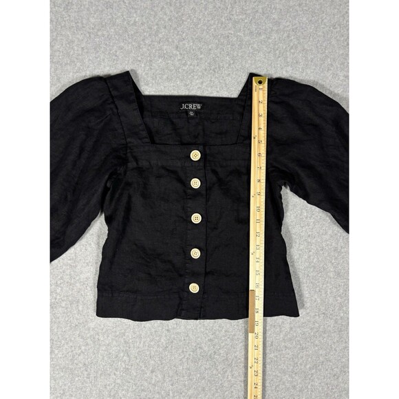 J Crew 100% Linen Black Squareneck Puffed Long Sleeve Button Down Crop Size XXS - Picture 2 of 7